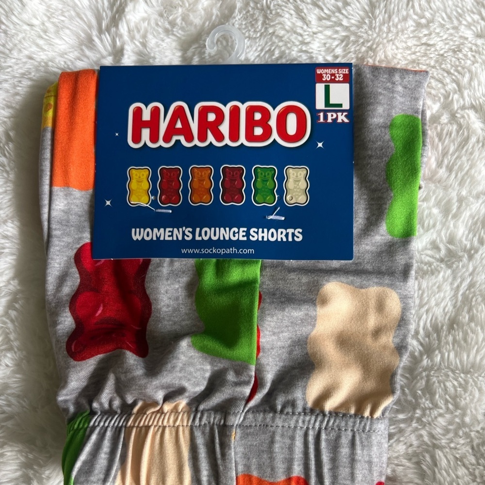 Haribo Gummy Bear Women’s Lounge Shorts Gray Candy Print Pajama Shorts Size L